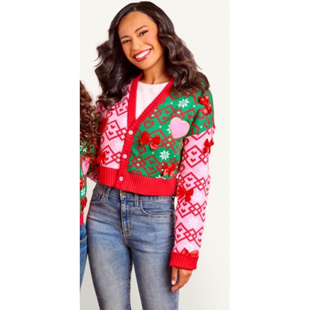 SPENCERS Holliday Cardigan Sweater Women's Size Small Valentines Heart Bows NWT